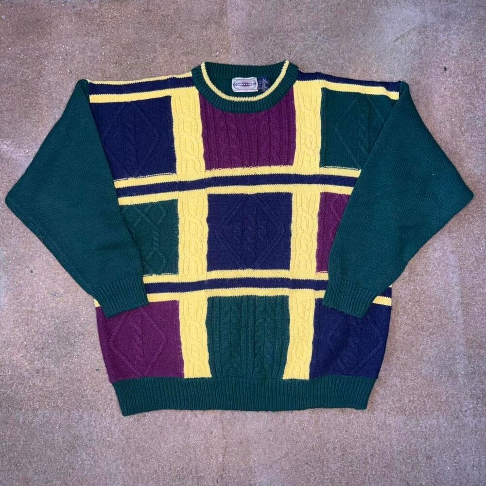 Vintage County Seat Colorblock Knit Sweater 90s Chunky L